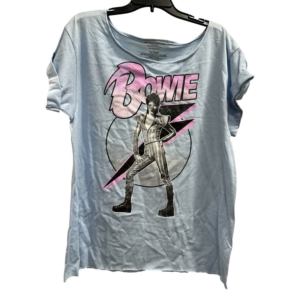 David Bowie Ziggy Stardust raw hem cuffed sleeves pastel blue Upcycled tee SZ L